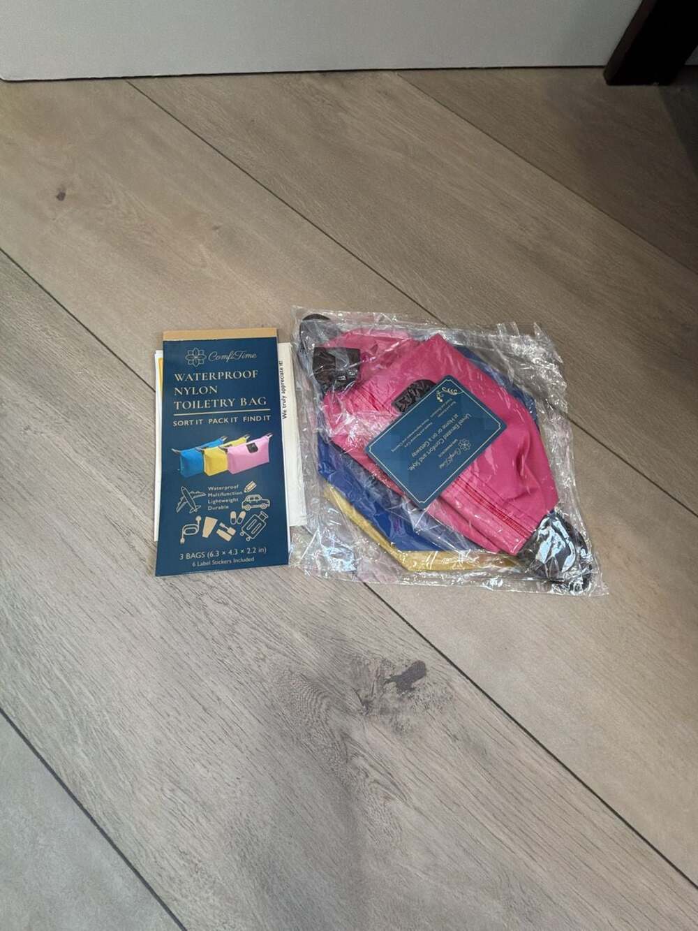 ComfiTime Waterproof Nylon Toiletry Bag Set - 3 Pieces Blue Pink Yellow